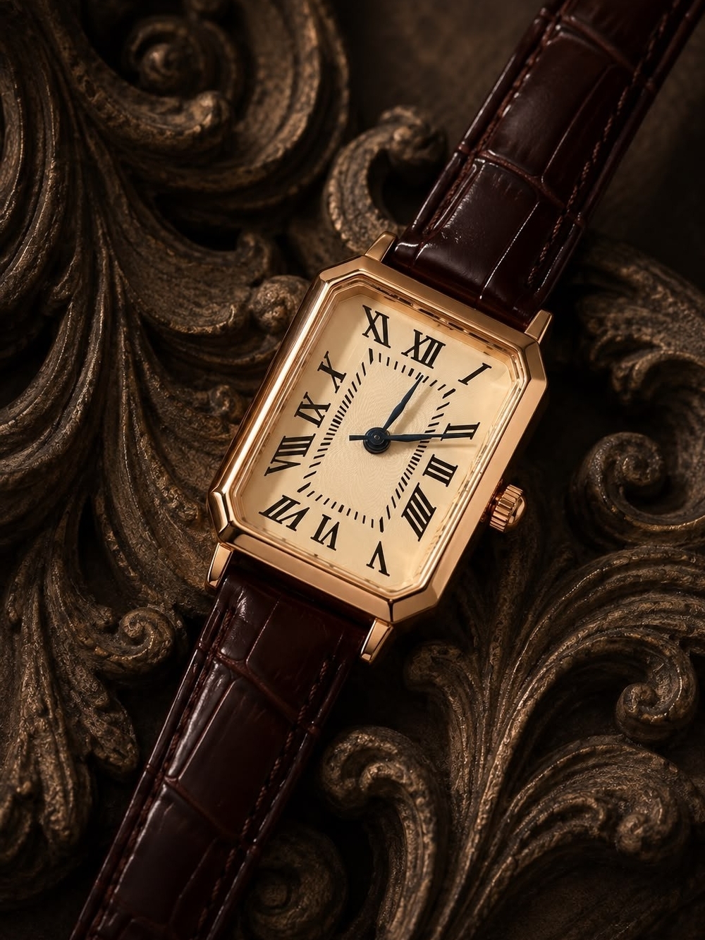 Classic Rectangular Gold-Tone Watch with Brown Leather Strap - Picture 5 of 6